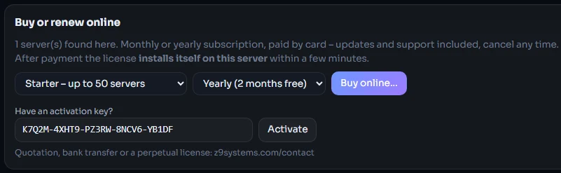 Z9 Monitor License page: buy or renew online, and the field for the activation key